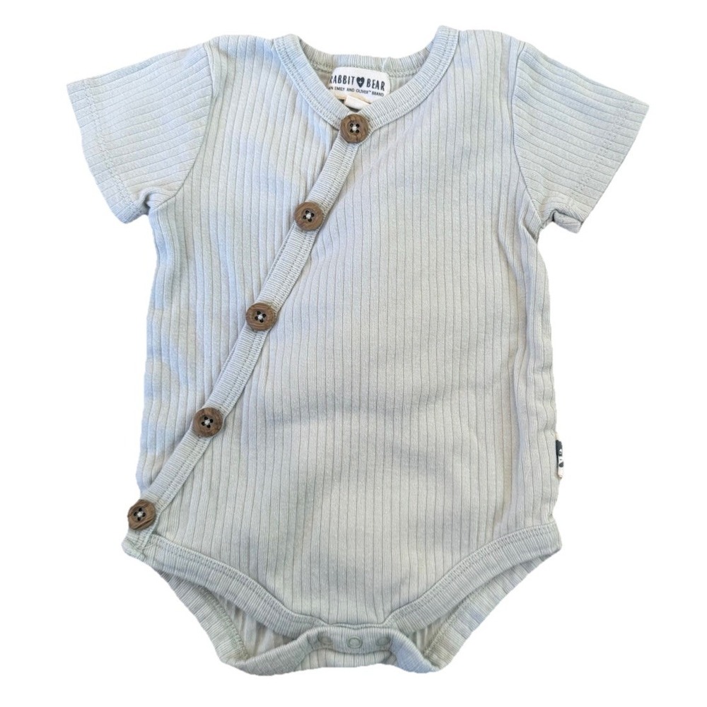 Emily & Oliver, Rabbit + Bear Baby Cotton Organic Ribbed Green Bodysuit 6-9M